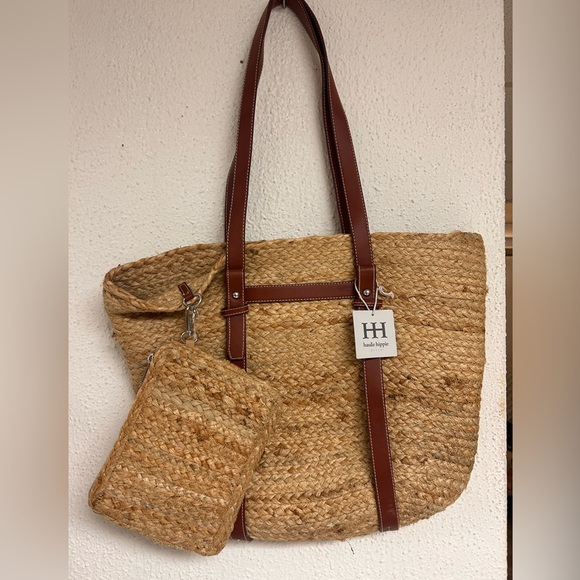 Haute Hippie Straw Woven Raffia Bag Tan Brown Leather Pocket and Trim Tote NWT - Picture 3 of 7